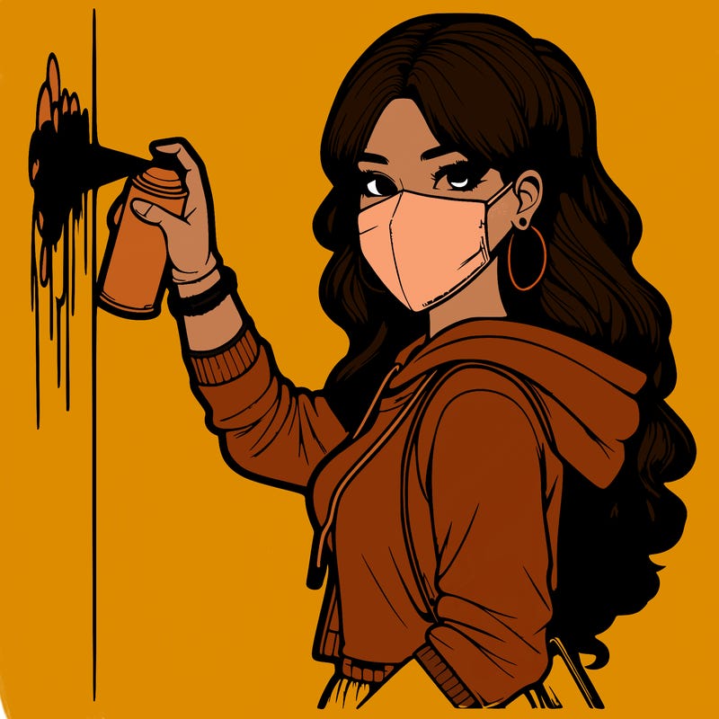 realistic girl with mask spray painting a wall