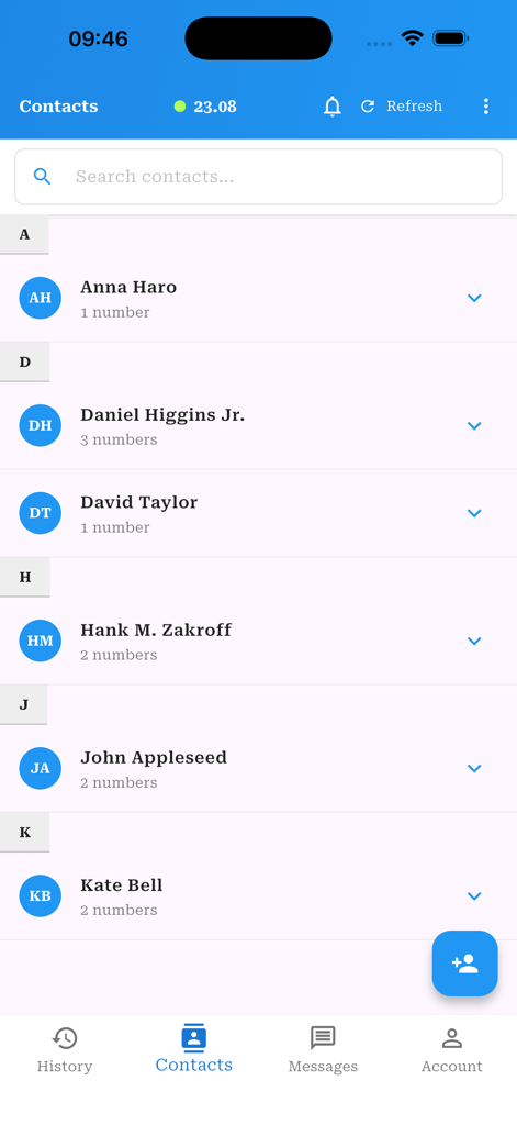 Taura - The contacts list screen of the Taura app displaying alphabetical entries and a search bar.