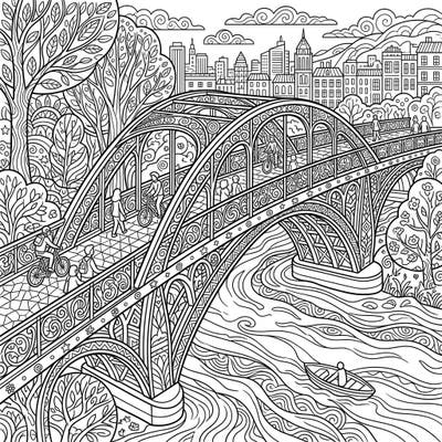 Embark on a creative journey with this detailed coloring page featuring an elegant pedestrian bridge bustling with life. Its intricate patterns and scenic backdrop offer a delightful escape for colorists of all ages.