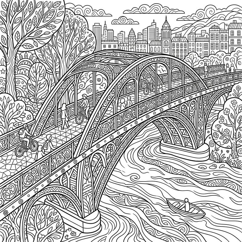 Embark on a creative journey with this detailed coloring page featuring an elegant pedestrian bridge bustling with life. Its intricate patterns and scenic backdrop offer a delightful escape for colorists of all ages.
