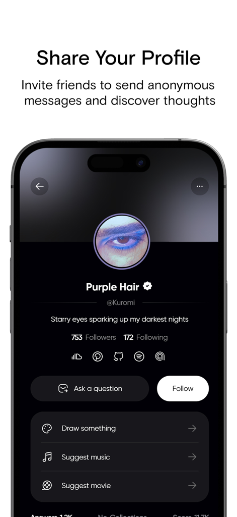 ONVO app user profile screen showing options to ask questions, send drawings, and share music or movie suggestions.