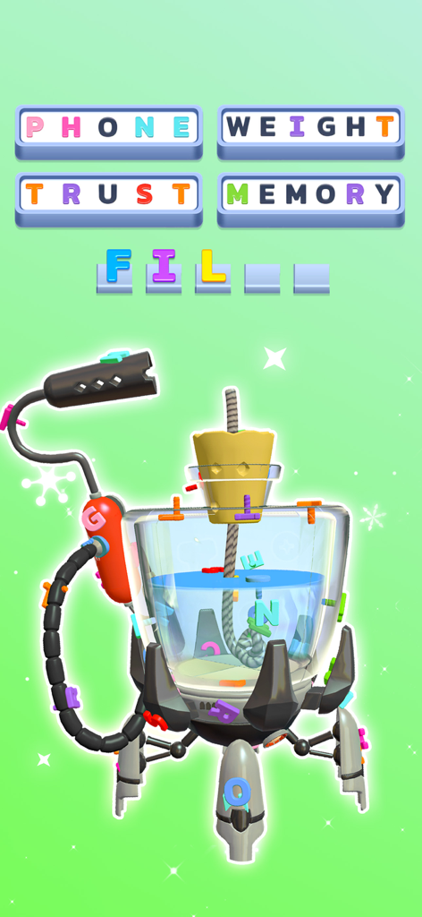 Word Screw - 3D Unscrew Bolts - A 3D word puzzle game interface where letters are attached as bolts to a detailed laboratory object