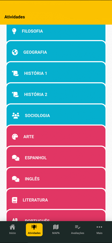 Aluno Rede AZ - Lista de matérias escolares incluindo Filosofia e Geografia no aplicativo Aluno Rede AZ