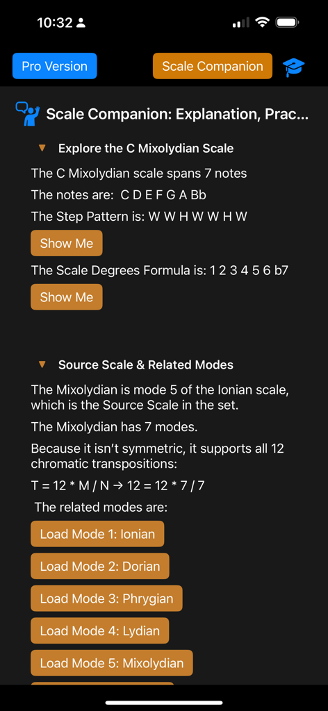 Tessitura Pro Scales - Interfaz de la aplicación Tessitura Pro Scales explicando la escala C Mixolidia y modos relacionados