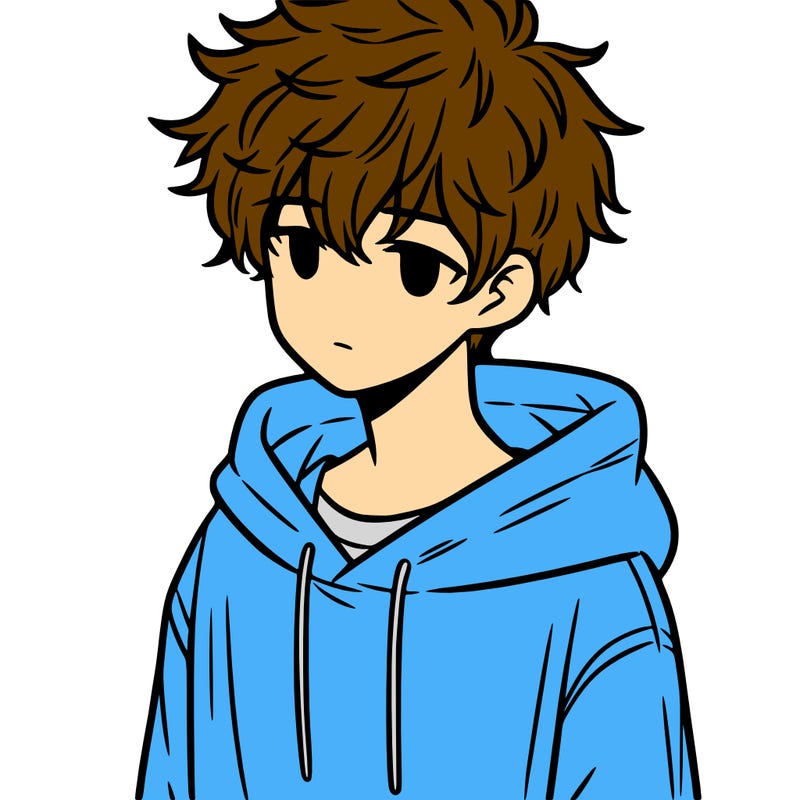 a teenage boy with messy and fluffy hair and a oversized hoodie on