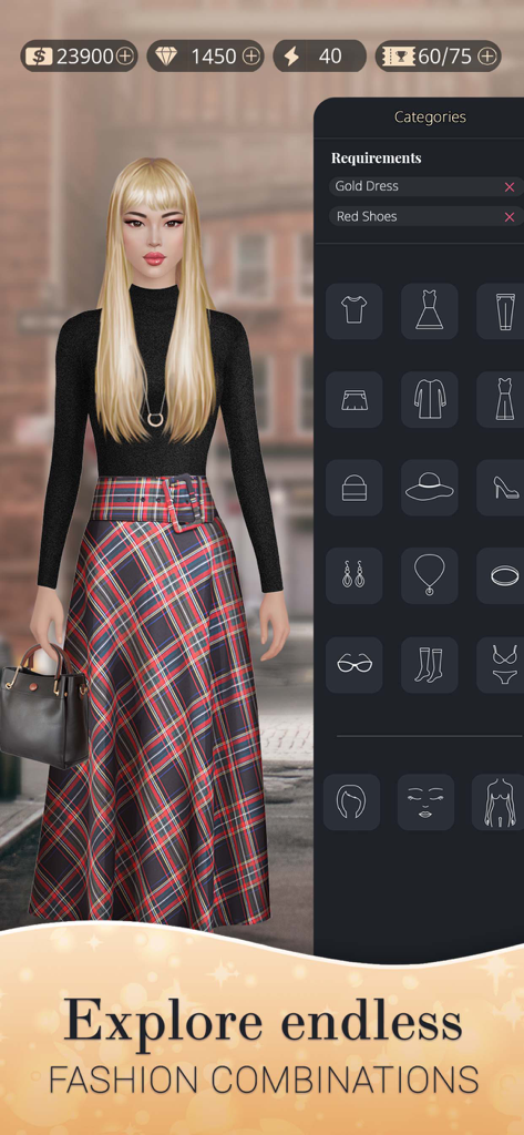 Fashion Nation: Style & Fame - Mobile game screenshot showing a female avatar styled in a plaid skirt and black turtleneck with a clothing selection menu.