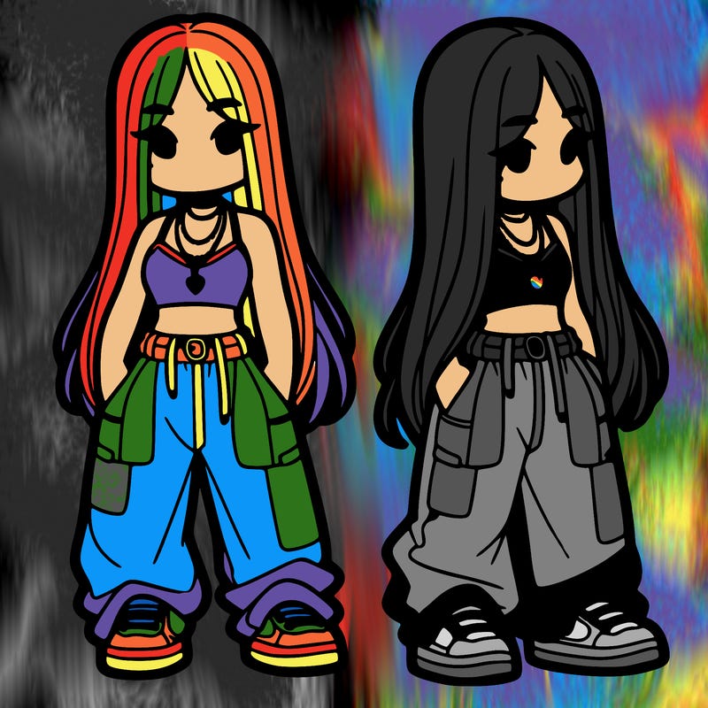 girl in baggy pants crop top and long hair