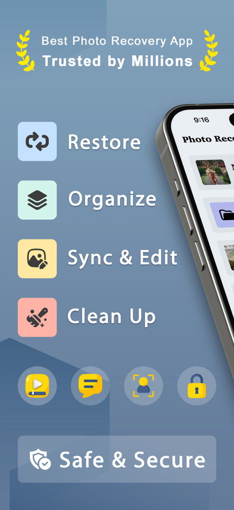 Photo Recovery - Backup & Edit - Photo Recovery app interface displaying key features like Restore Organize Sync Edit and Clean Up