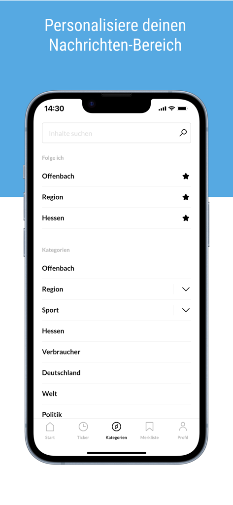 op-online.de - Smartphone screen of the op-online.de app showing news category personalization options like Offenbach and Hessen