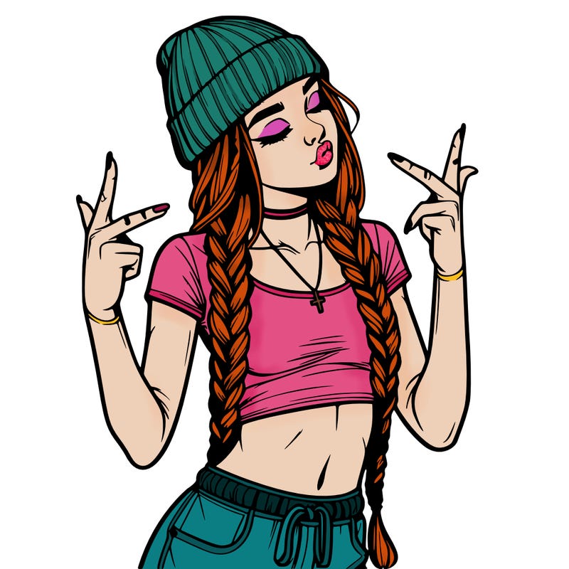 realistic teenage girl with braids and a beanie and crop top doing 🫶🏼