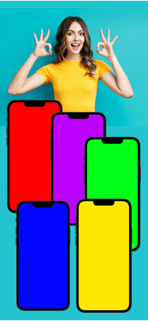 Uma mulher sorrindo atrás de cinco iPhones exibindo telas vermelhas, roxas, verdes, azuis e amarelas sólidas.