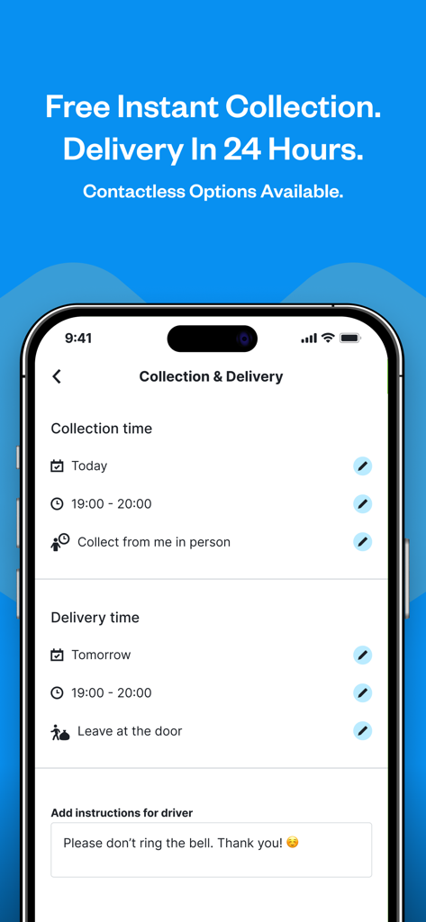 Interfaz de la app Laundryheap para programar los horarios de recogida y entrega de lavandería en 24 horas