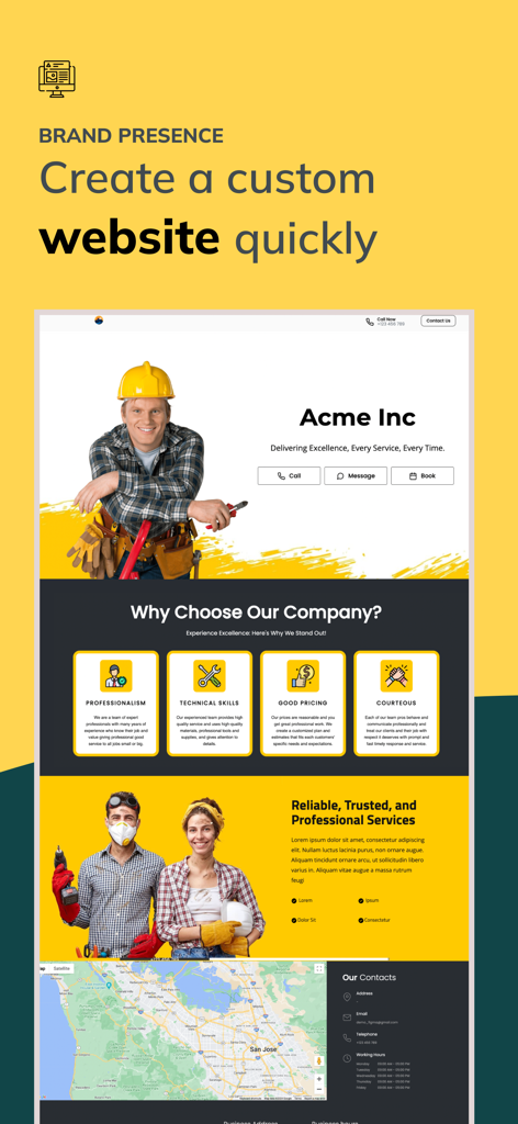 BestMate - Small Business App - A preview of a professionally designed custom business website for Acme Inc created using the BestMate app.