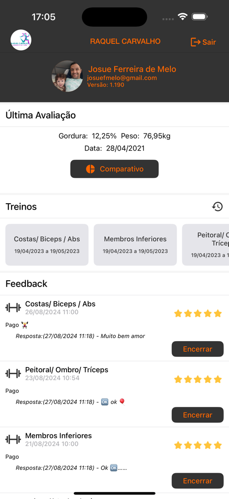 Interface of the Avaliacao Fisica PRO app showing client body metrics and workout feedback
