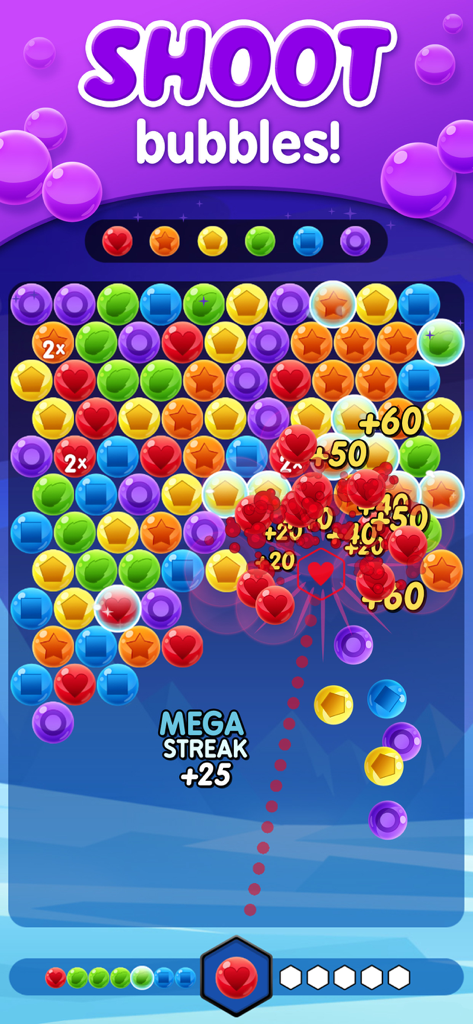 Bubble Cube 2 gameplay screen with colorful bubbles and mega streak bonus.