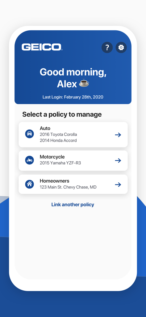 Dashboard of the GEICO Mobile app displaying insurance policy management options for auto, motorcycle, and homeowners.