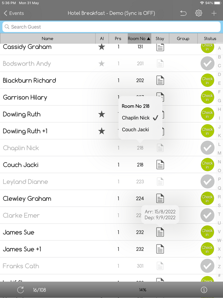 iPad interface for e-GuestList app displaying guest names room numbers and check-in status for a hotel event