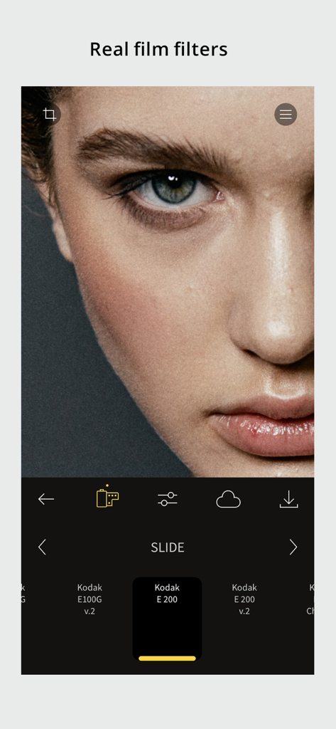 RNI Films: Photo & RAW Editor - Close-up portrait of a woman in the RNI Films app interface with a Kodak E 200 slide film filter applied.