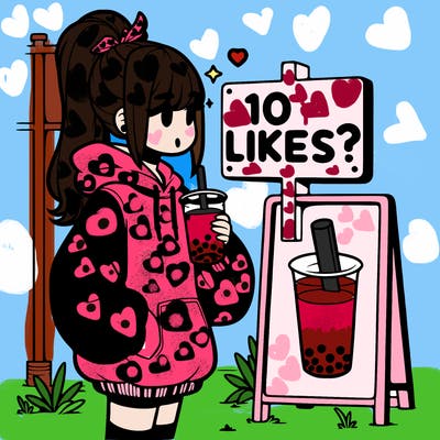 girl with oversized hoodie drinking boba and she has a high ponytail with a sign that says 10likes?