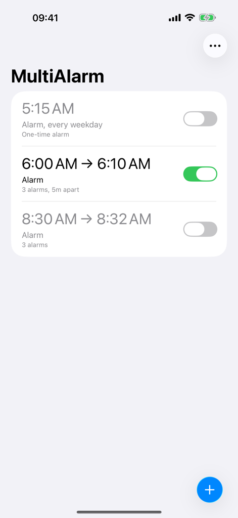 MultiAlarm – Group Your Alarms - MultiAlarm interface showing a list of grouped alarms and toggle switches