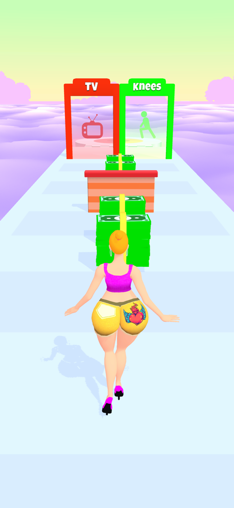 Twerk Master - A female character in a 3D runner game collecting stacks of money on a floating platform.