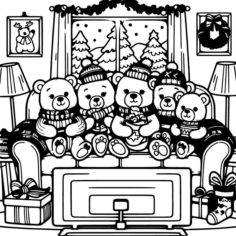 a family of bears all cozy on the couch, watching a christmas movie