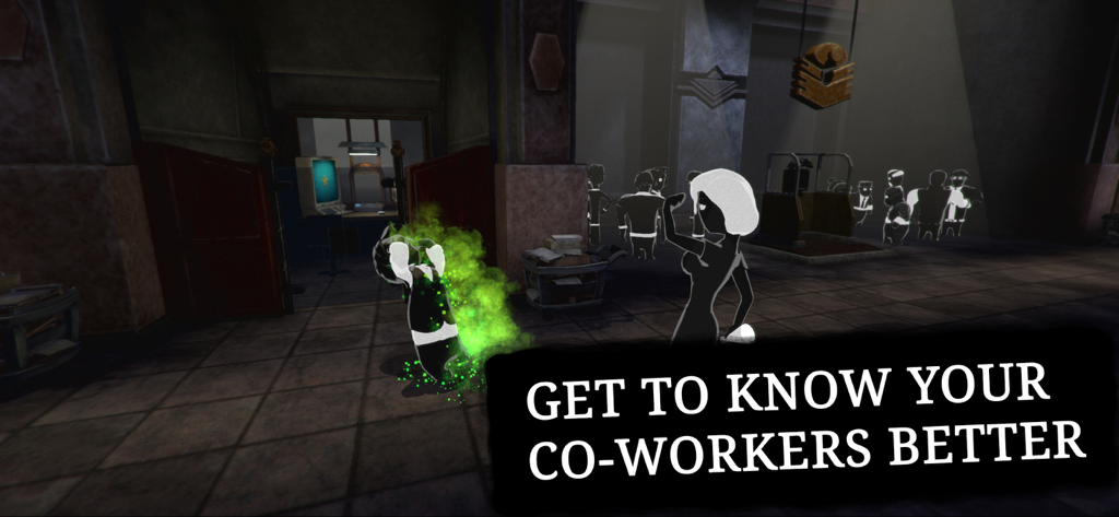 Beholder 2 - Dark silhouette characters in a dystopian ministry with the text Get to know your co-workers better.