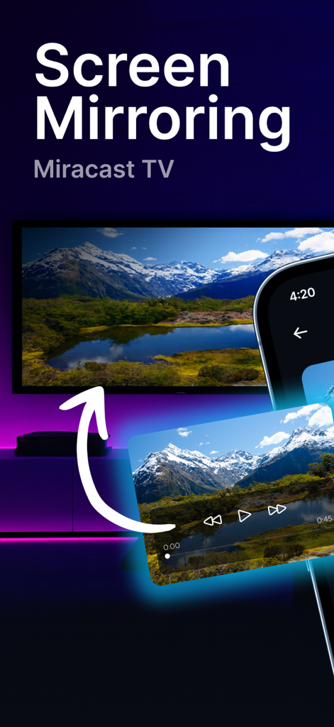 Ein Smartphone spiegelt drahtlos ein malerisches Berglandschaftsvideo auf einen großen Fernsehbildschirm