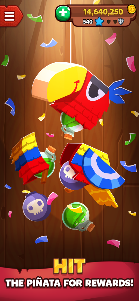 A colorful parrot pinata breaking apart to reveal game rewards and coins in Pirate Kings