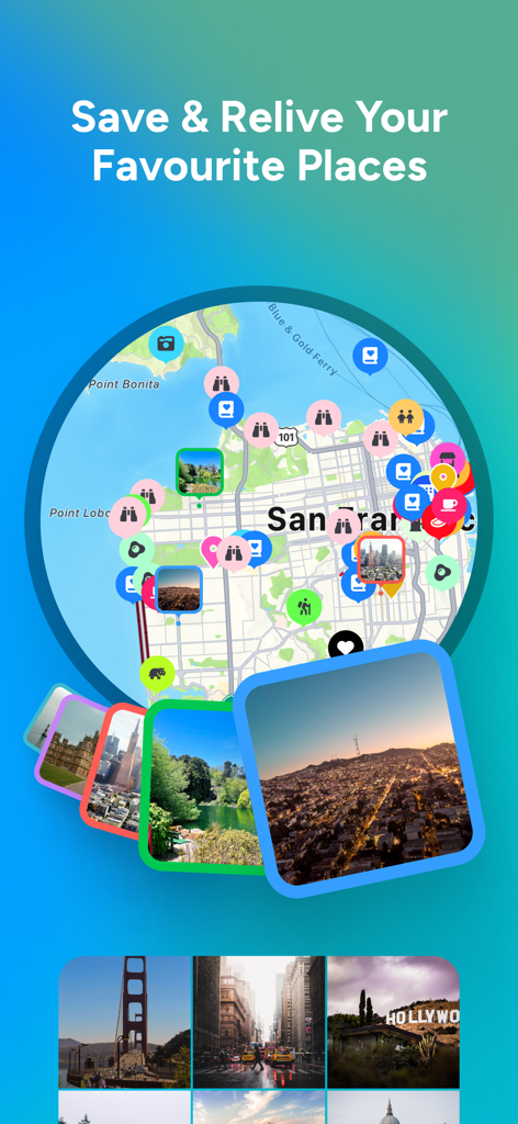 Pin Drop - Places That Matter - Pin Drop mobile app screenshot showing a map of San Francisco with various location pins and travel photos
