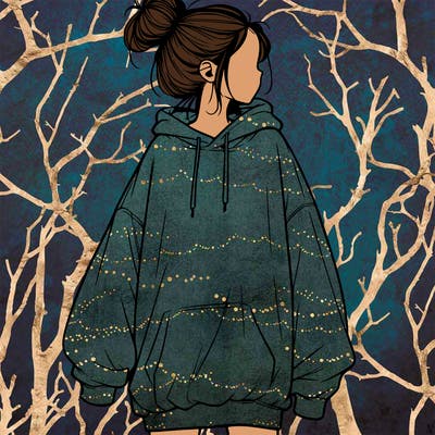 realistic girl with a oversized sweatshirt on and a bun