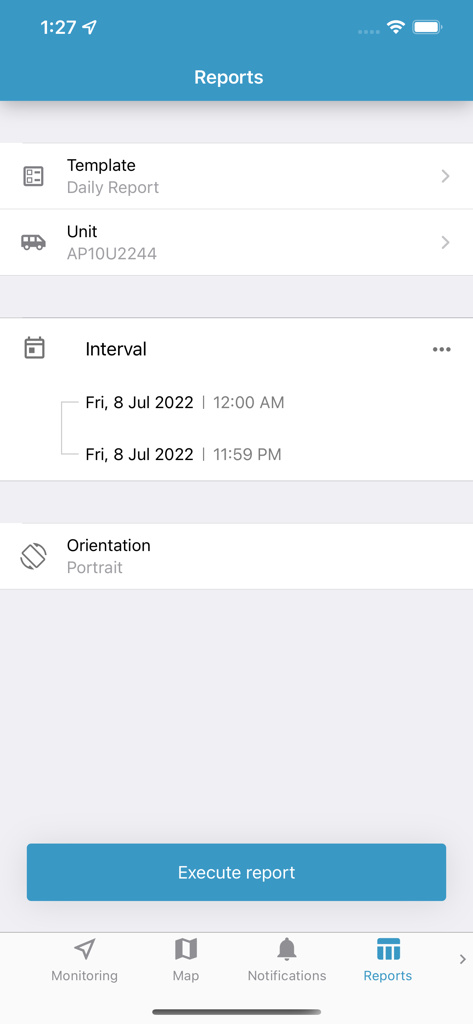 TGG Tracking - TGG Tracking reports screen showing daily report configuration for a specific vehicle unit