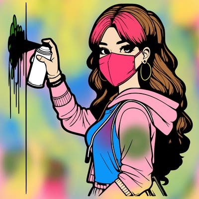 realistic girl with mask spray painting a wall