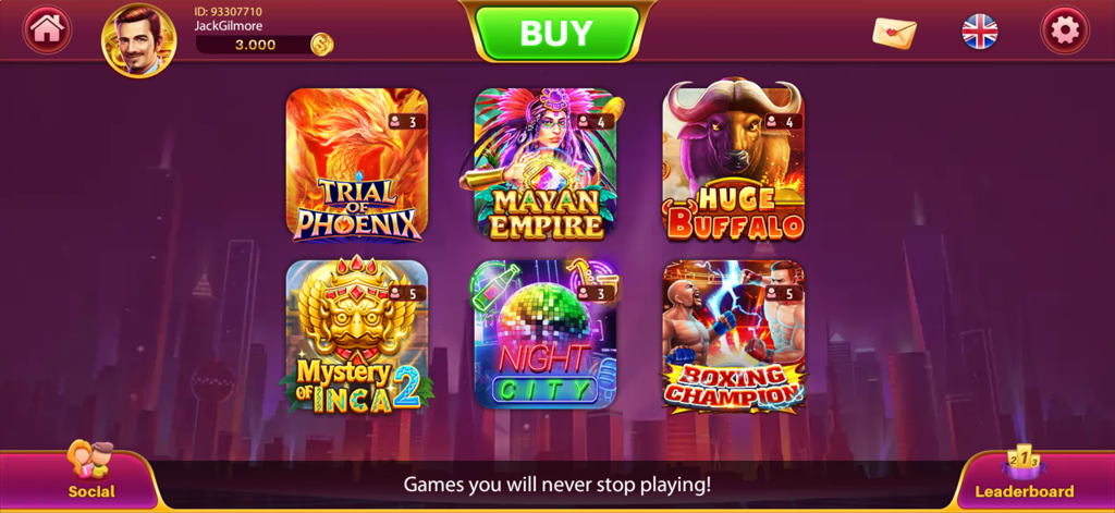 Wild City: Flash Spin - Menu principal do Wild City Flash Spin mostrando seis jogos de slot temáticos diferentes, incluindo Huge Buffalo e Mayan Empire