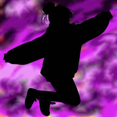 realistic girl jumping with a bun and oversized sweatshirt