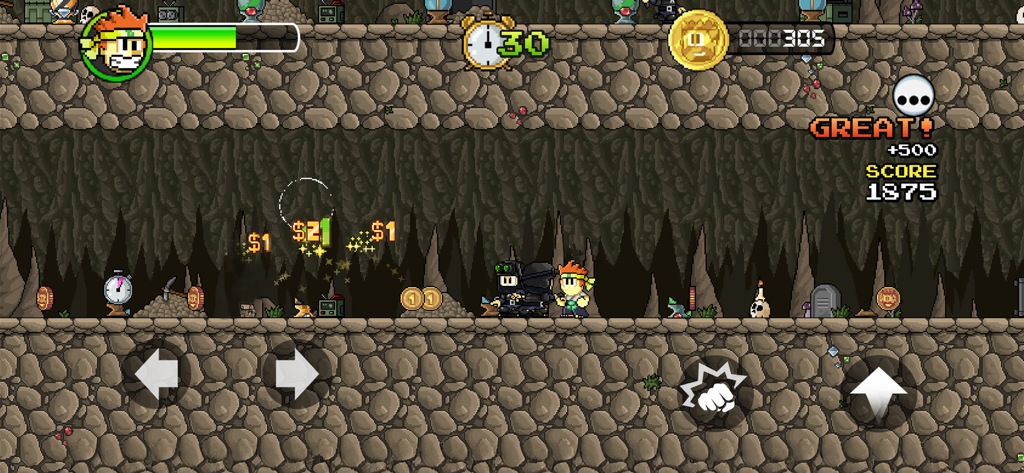 Dan The Man Platformer - A pixel art gameplay screenshot of Dan The Man fighting enemies in a cave level.