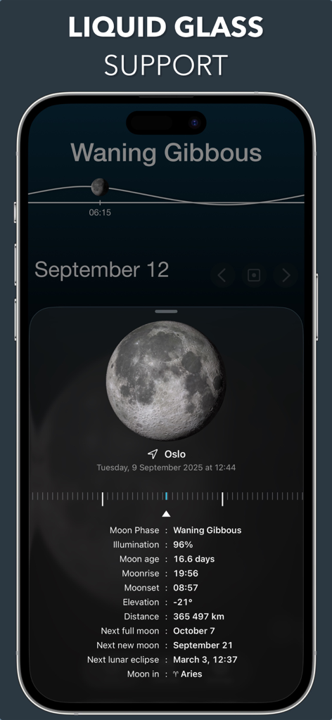 Interfaz de la aplicación Lunar que muestra una representación de la luna en 3D y datos lunares detallados