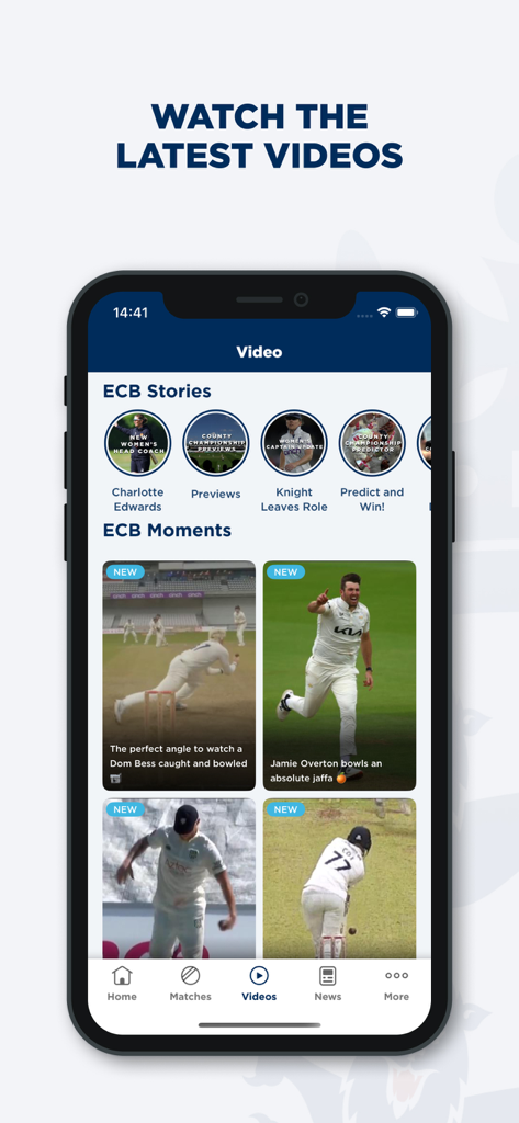 England Cricket - Oberfläche der England Cricket App, die ECB Stories und Momente Video-Highlights anzeigt