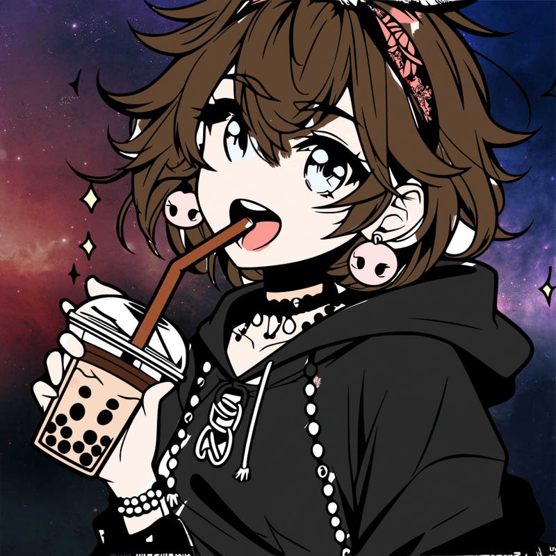 hot baddie anime girl drinking boba and biting the straw