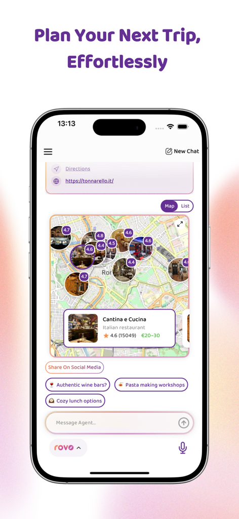 Rovo - Travel Agent - 채팅 인터페이스에서 레스토랑 추천과 도시 지도를 보여주는 Rovo AI 여행 에이전트 앱