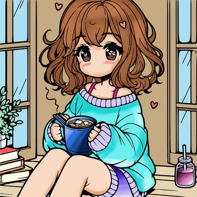 cute anime girl reading book and drinking hot chocolate from mug with loose wavy hair wearing a baggy sweatshirt and shorts sitting by windowsill looking out