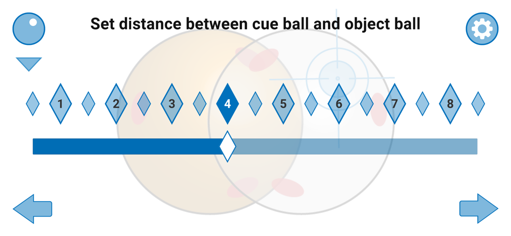 Billiards Aiming Assistant - Interface for setting distance between cue ball and object ball in Billiards Aiming Assistant app