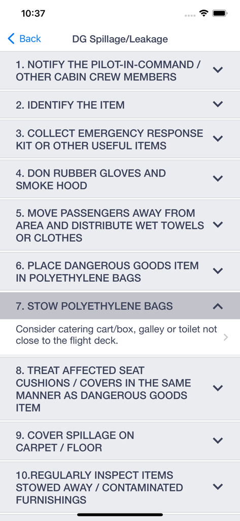 ERG Drill Codes - Checklist for aircraft cabin crew on handling dangerous goods leakage.
