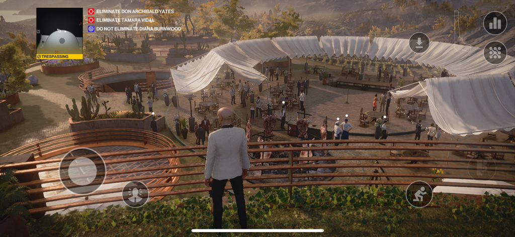 Agent 47 overlooking an outdoor luxury gathering in Hitman World of Assassination for mobile