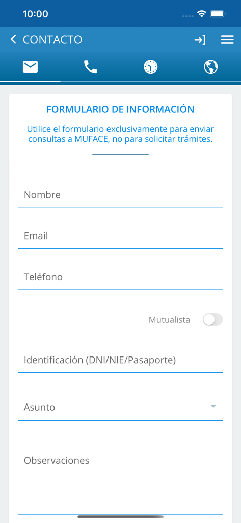 Muface Móvil - Screenshot of the Muface Movil app showing a contact form with fields for name email phone number and identification
