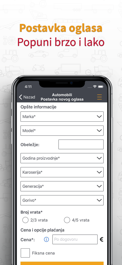 Form for creating a new car listing in the PolovniAutomobili mobile app