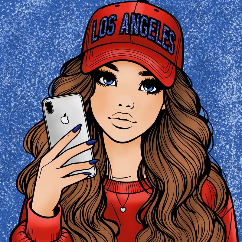 realistic beautiful girl wearing los ángeles cap holding an iphone