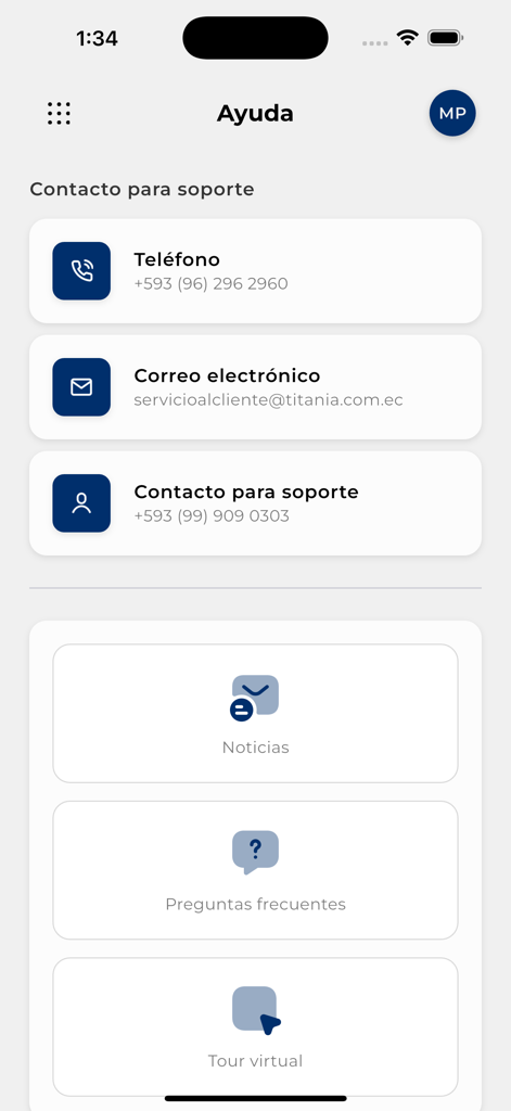 SZK-Tracking - Help and support screen of the SZK-Tracking app featuring contact information for phone and email, plus sections for news, FAQs, and a virtual tour.