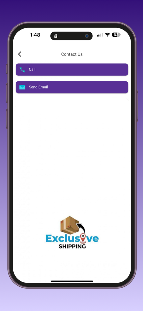 Exclusive Shipping Ja - Contact Us screen of the Exclusive Shipping Ja app featuring call and email options