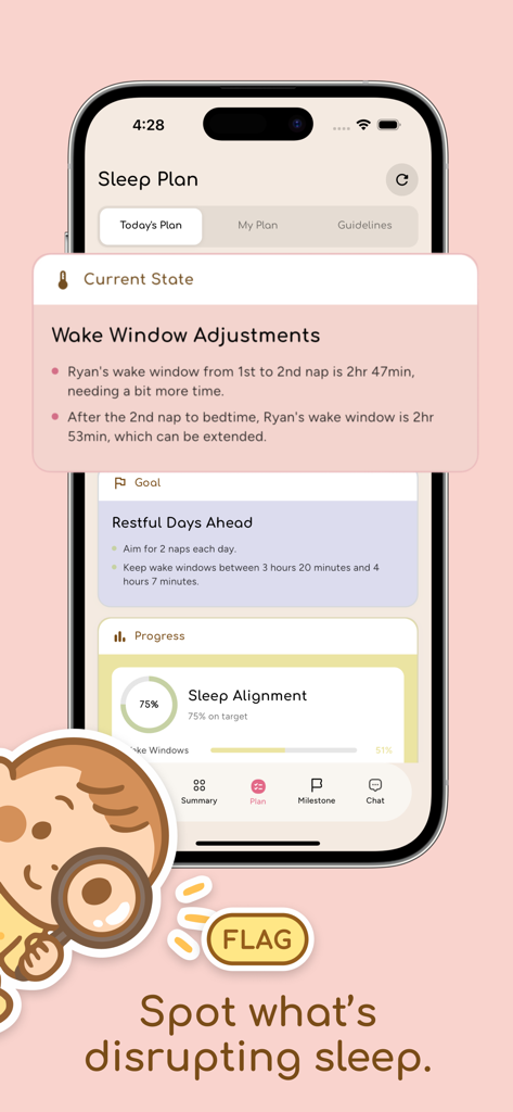 Cocoo: AI Baby Sleep Debugger - Cocoo app interface showing a personalized baby sleep plan and wake window adjustments